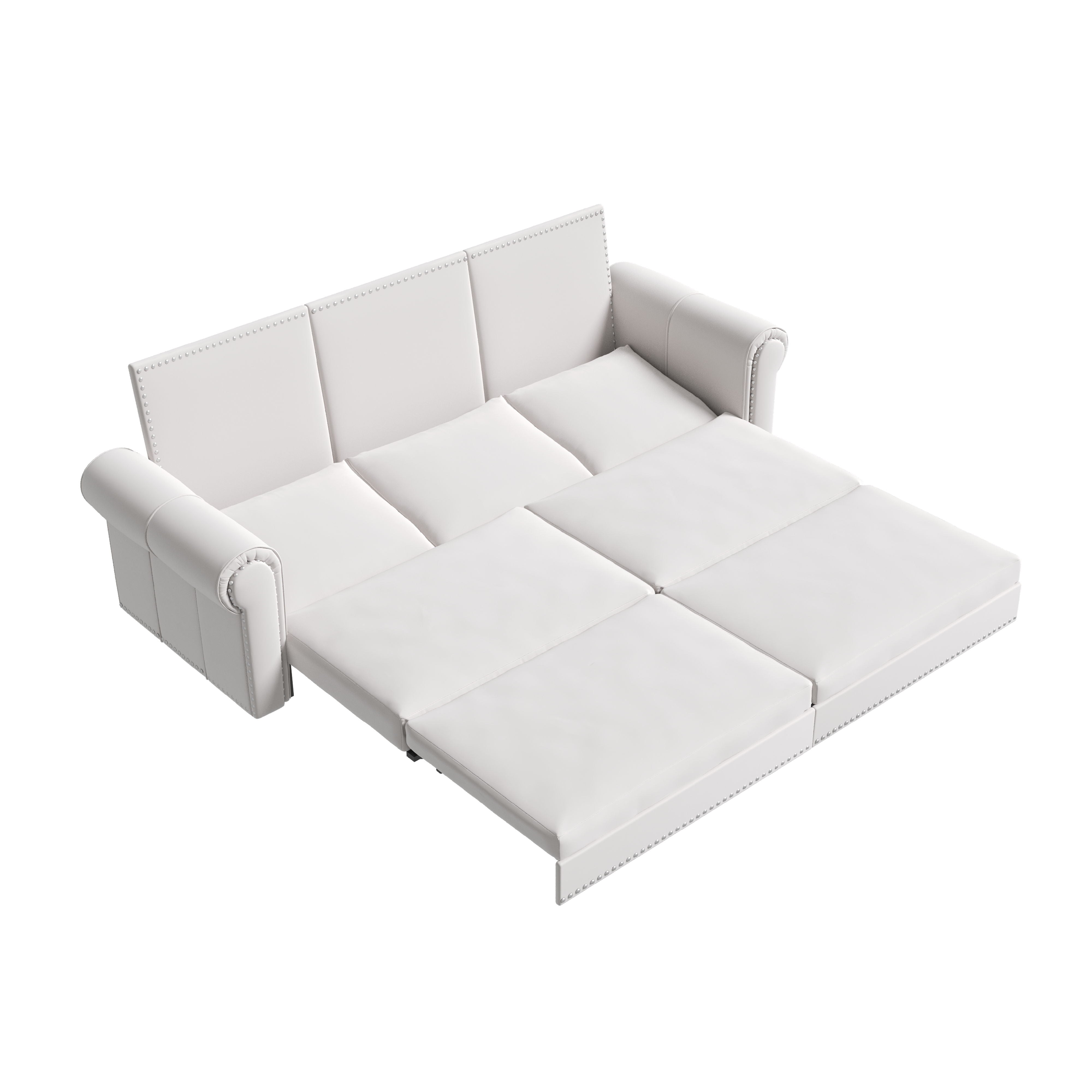 King Pull Out Sofa Bed, Chesterfield Sofa, 3 In 1 Velvet Convertible Sleeper Sofa With Nailhead Trim & Rolled Arm, Multifunctional Sofa Bed For Living Room - Beige