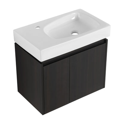 Modern 24" Bathroom Vanity With Ceramic Basin, Wall Mounted Sink Combo Cabinet - Black