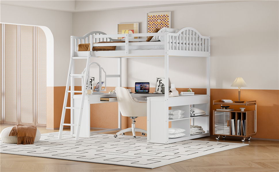 Full Loft Bed With U Shaped Desk, Storage Compartments And Tri Fold Mirror - White