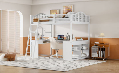 Full Loft Bed With U Shaped Desk, Storage Compartments And Tri Fold Mirror - White