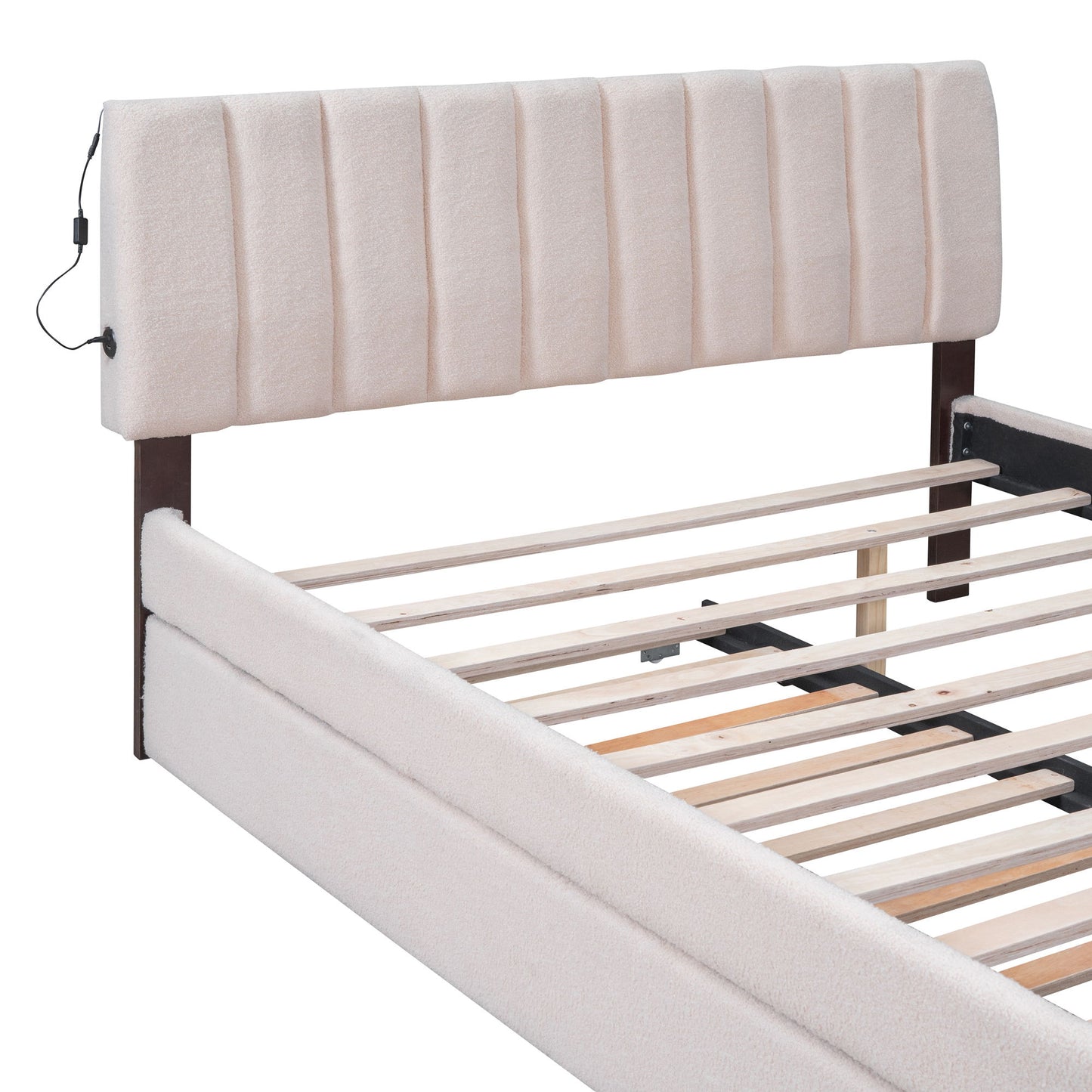Queen Size Upholstered Platform Bed With Twin Long Trundle - Beige