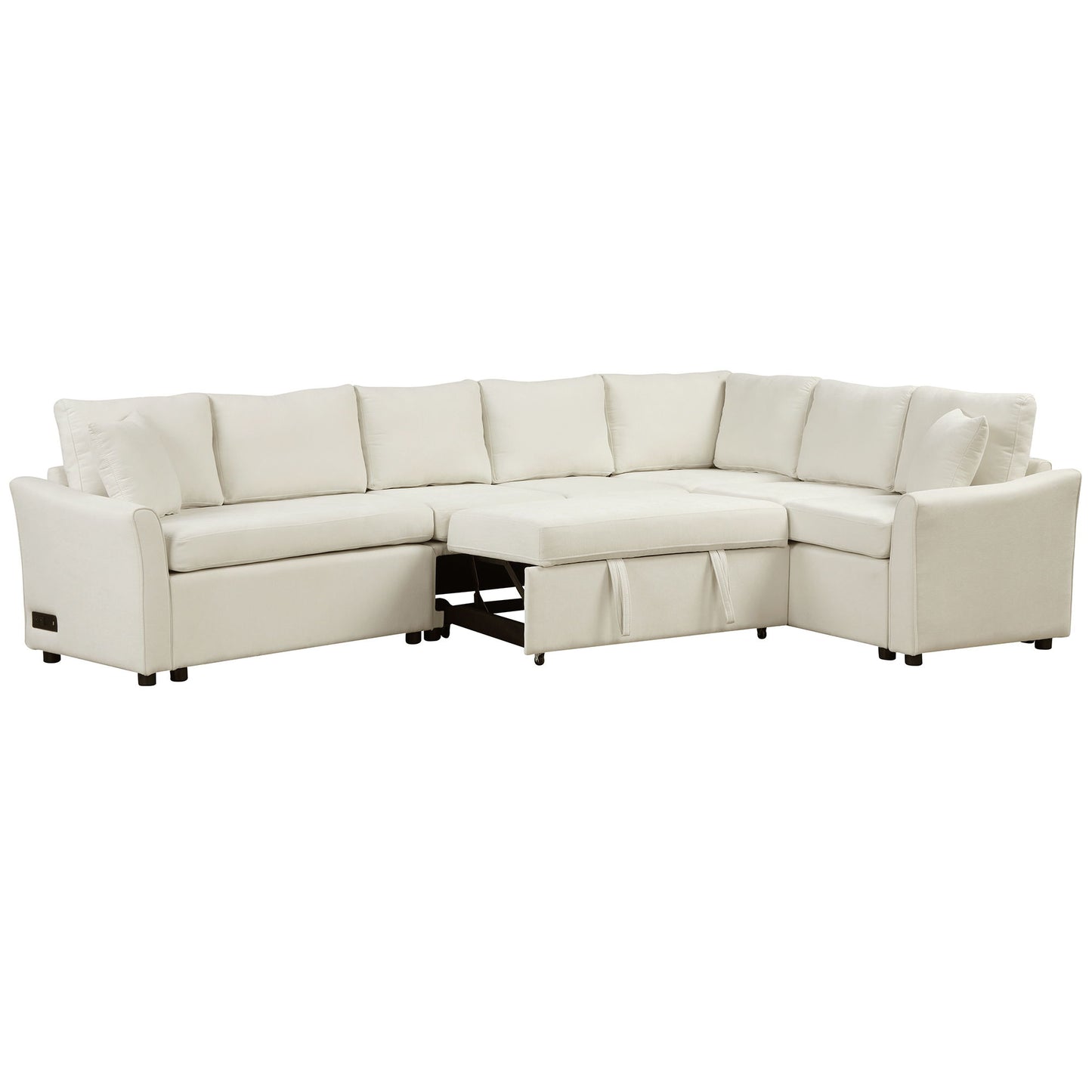L-Shaped Sofa Convertible Sofa Bed Pull Out Sofa Sleeper With Two Back Pillows, Two USB Ports And Two Power Sockets For Living Room - Beige