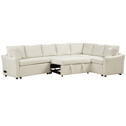 L-Shaped Sofa Convertible Sofa Bed Pull Out Sofa Sleeper With Two Back Pillows, Two USB Ports And Two Power Sockets For Living Room - Beige