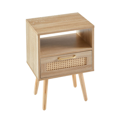 15.75" Rattan End Table With Drawer And Solid Wood Legs, Modern Nightstand, Side Table For Living Room, Bedroom - Natural