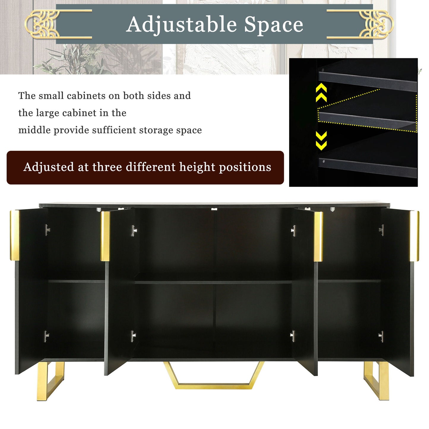 Modern Sideboard With Four Doors, Metal Handles & Legs And Adjustable Shelves Kitchen Cabinet - Black