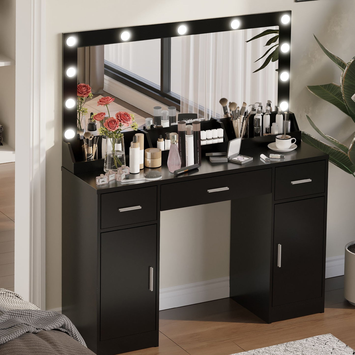 Vanity Desk With Large Mirror, 3 Colour Lighting Modes, Adjustable Brightness, Dresser With 3 Drawers & 2 Vertical Cabinets, Makeup Vanity Table For Women & Girls - Black