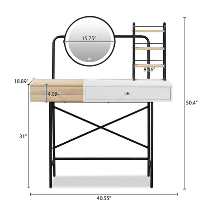 Makeup Vanity Desk With 3-Mode Lighted Mirror & Wireless Charging Station, Vanity Table With Drawer & 3 Open Shelves For Ample Storage Space, Dressing Table For Bedroom - White