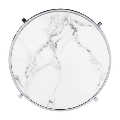 Modern Round End Table With Sintered Stone Top For Living Room - Chrome / Silver
