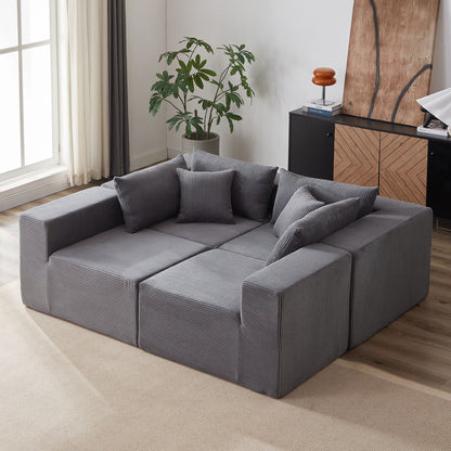 Corduroy Modular L Shaped Sectional Sofa, Luxury Floor Couch Set, 4 Piece Free Combination - Gray