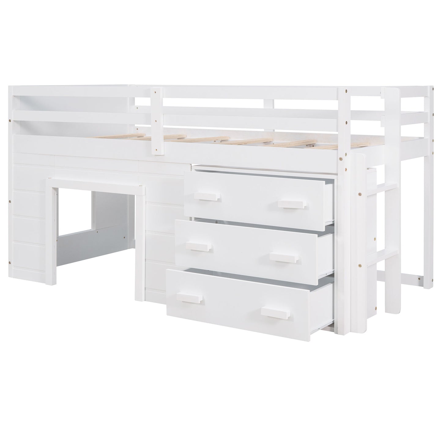 Twin Size Loft Bed With Cabinet And Shelf - White