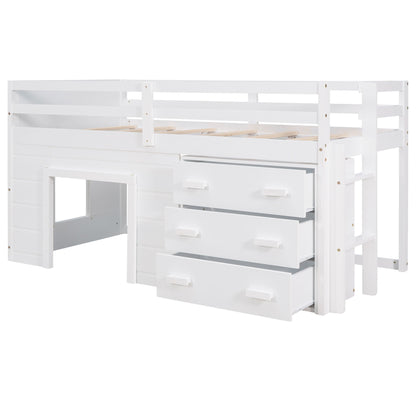 Twin Size Loft Bed With Cabinet And Shelf - White