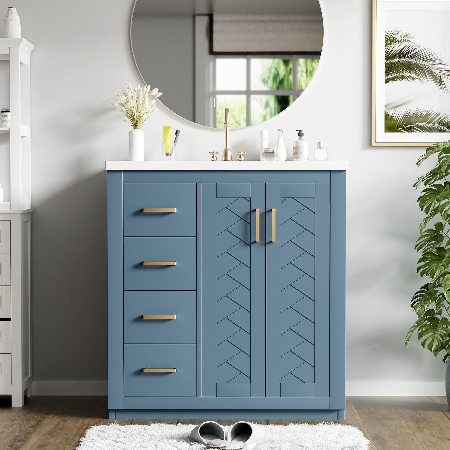 Bathroom Vanity With Ceramic Sink Combo, Frame Bathroom Storage Cabinet, Freestanding Vanity Set With 3 Drawers & Soft Closing Doors - Indigo