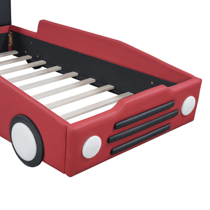 Twin Size Race Car Shaped, Platform Bed & Wheels - Red