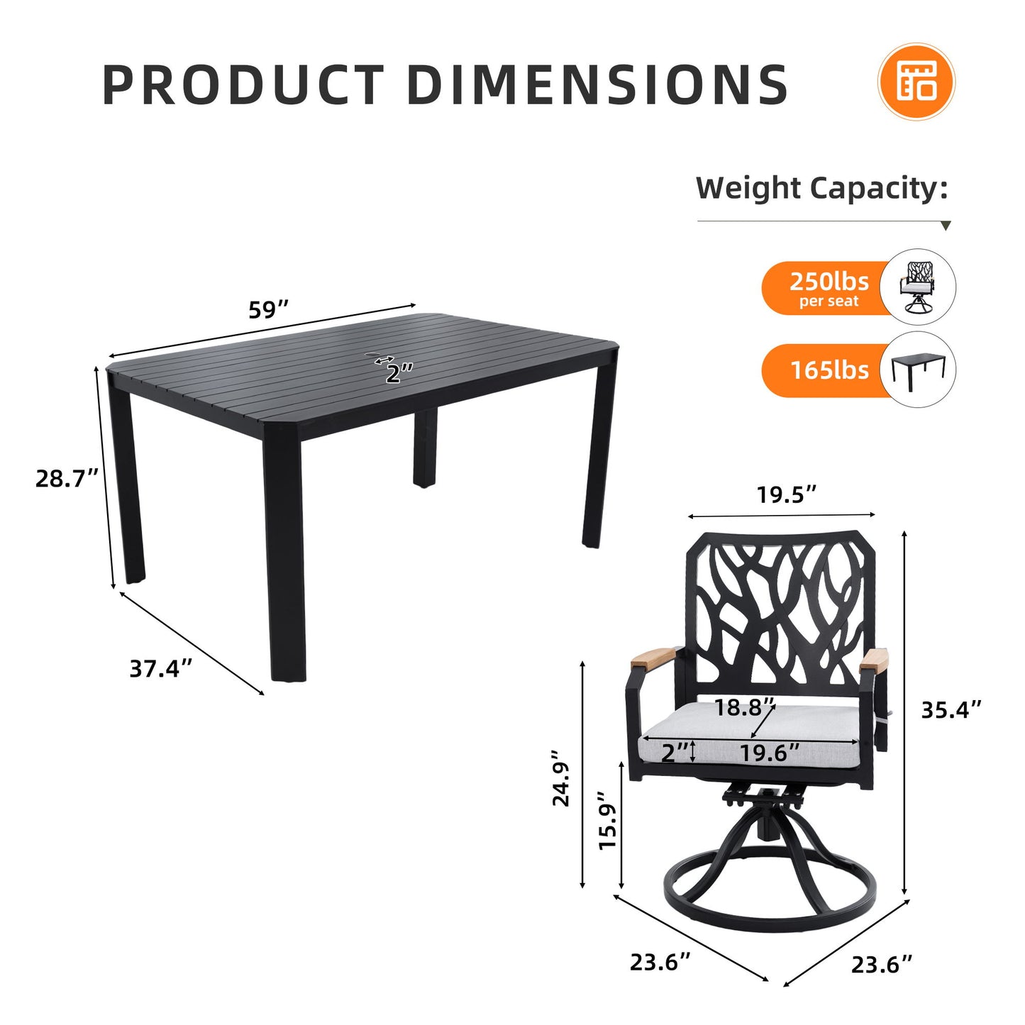 5 Pieces Outdoor Patio Furniture Set, 4 Swivel Rockers Sunbrella Fabric Cushioned, Rectangular Table With Umbrella Hole - Bourbon Brown