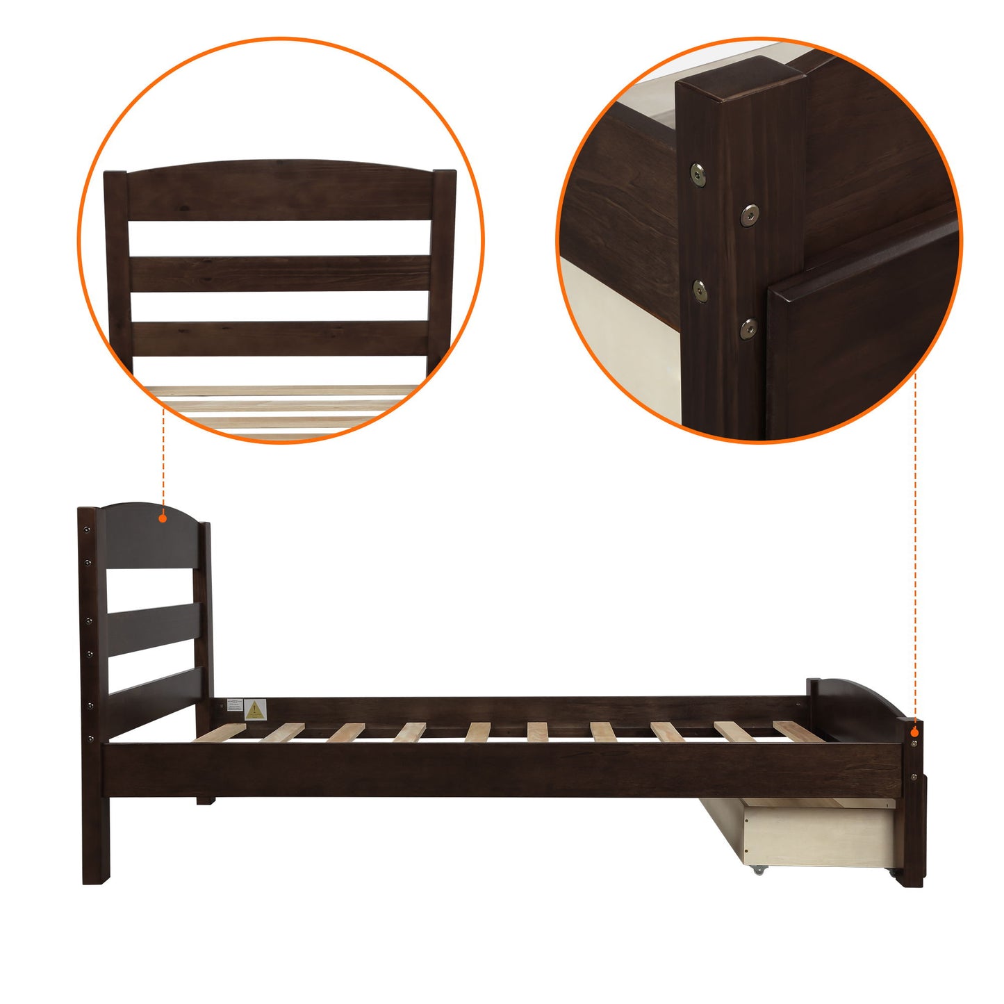 Twin Platform Bed Frame With Storage Drawer And Slat Support No Box Spring Needed - Espresso