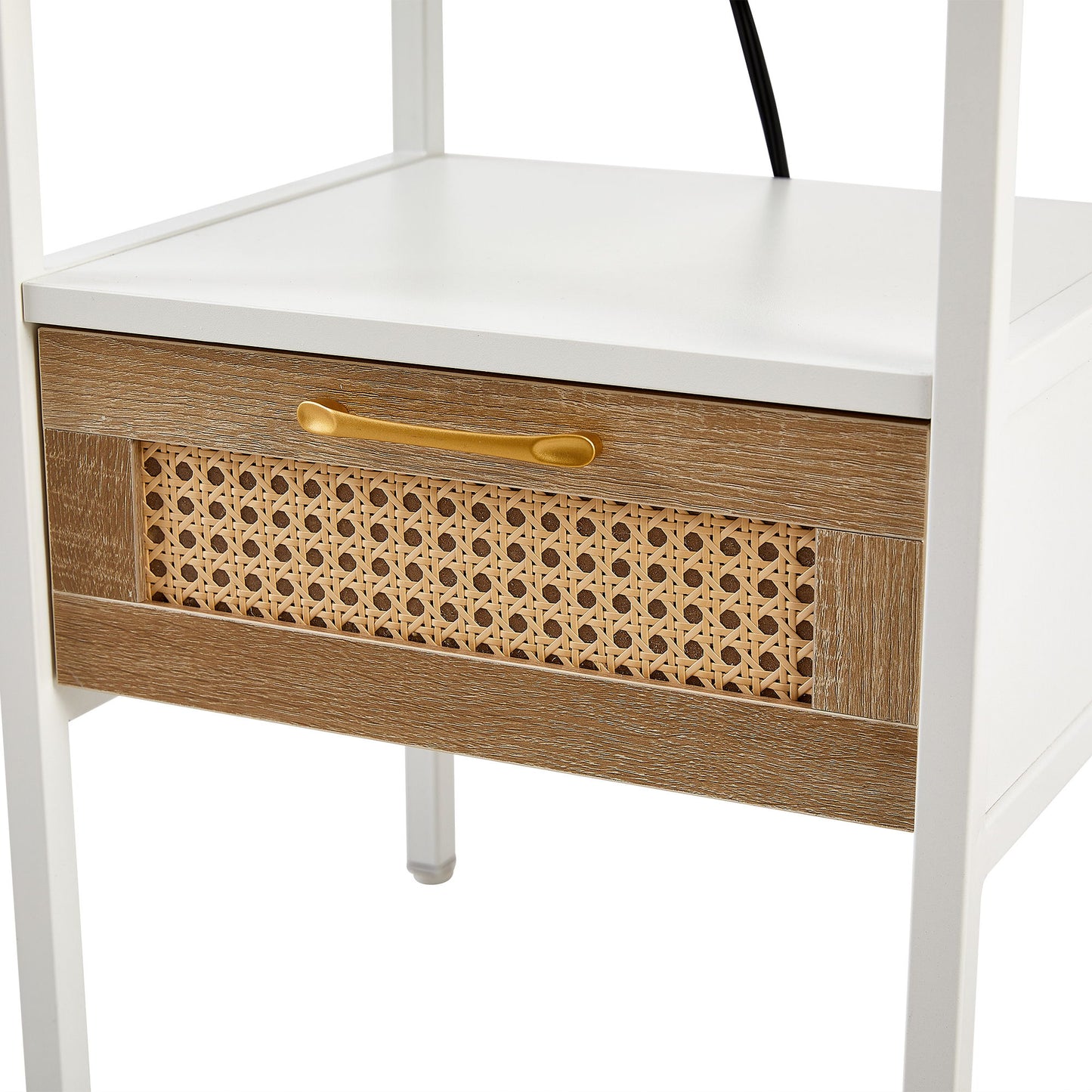 Rattan End Table With Power Outlet & USB Ports, Modern Nightstand With Drawer And Metal Legs, Side Table For Living Room, Bedroom (Set of 2) - White