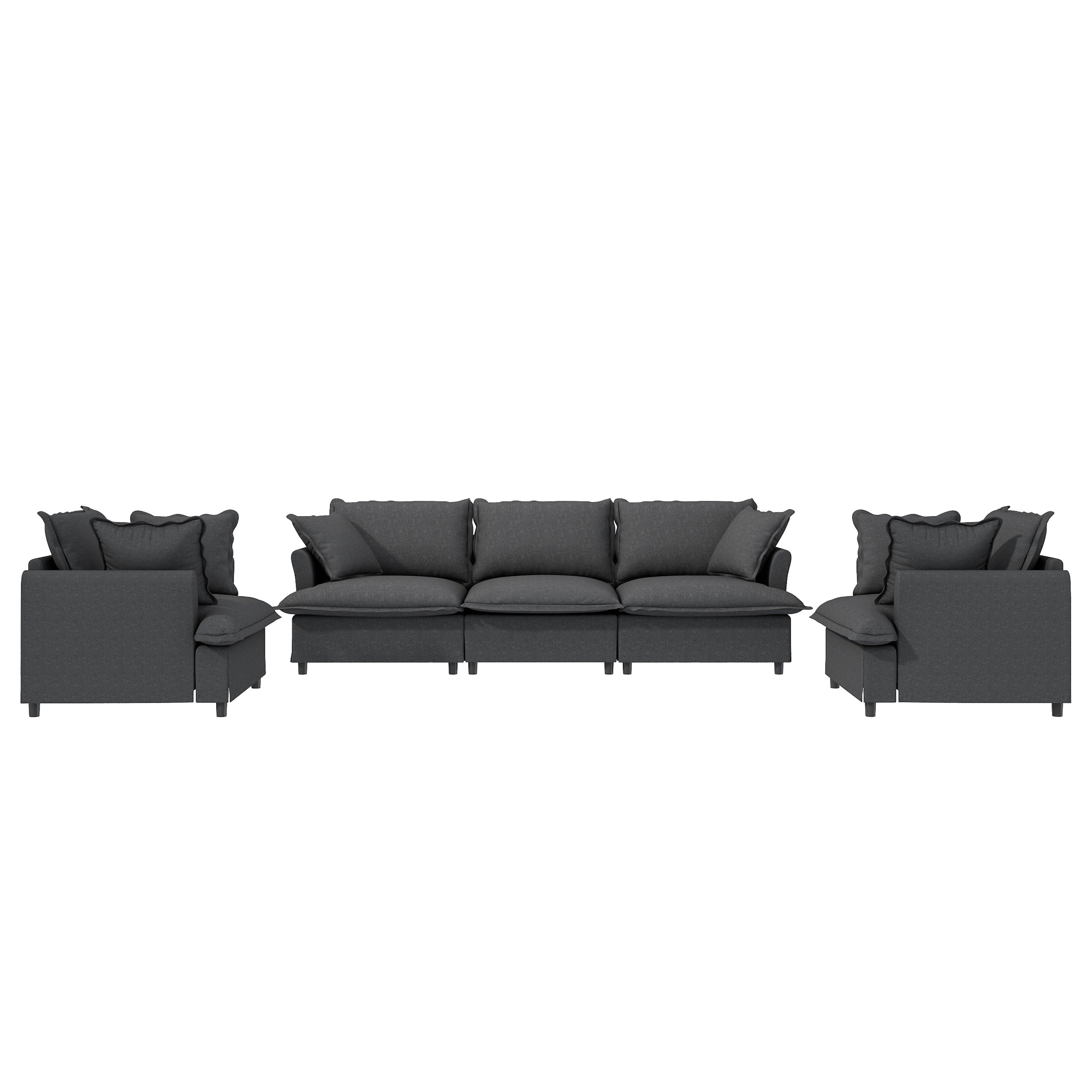 3 Piece Living Room Set Modular Sectional Couch Upholstered 3 Seater Sofa & 2 Armchairs 5 Seat - Gray