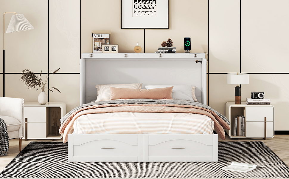 Queen Size Murphy Wall Bed With Drawer And A Set Of Sockets & USB Ports, Pulley Structure Design - White