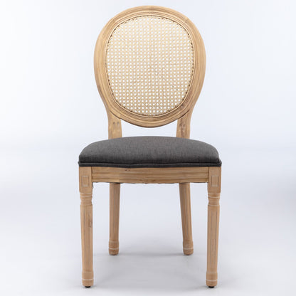 French Style Solid Wood Frame Antique Painting Linen Fabric Rattan Back Dining Chair (Set of 2) - Gray