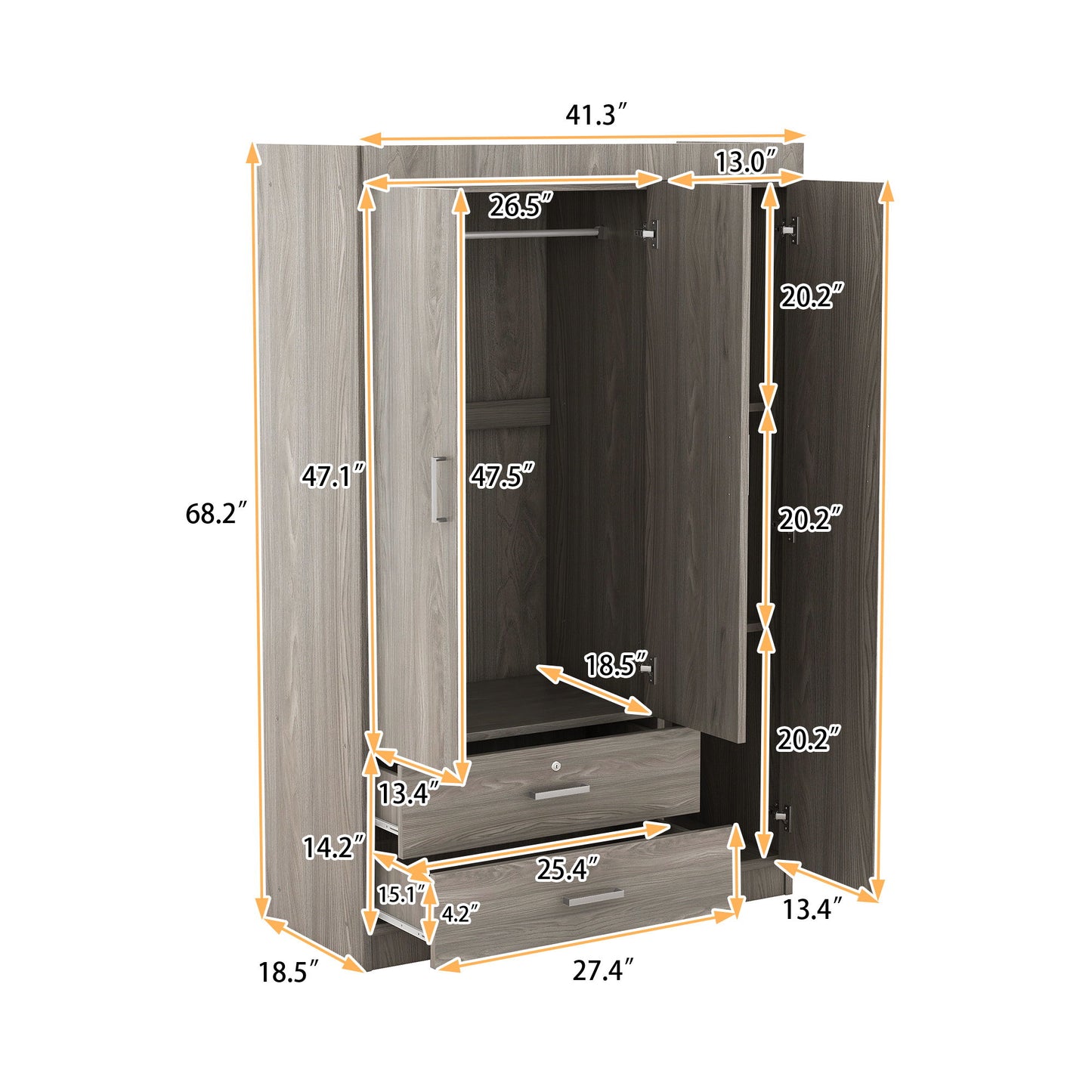 3 Door Wardrobe With 2 Drawers, Grain Effect - Gray