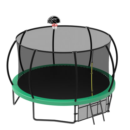 12Ft Recreational Kids Trampoline With Safety Enclosure Net & Ladder, Outdoor Recreational Trampolines - Green