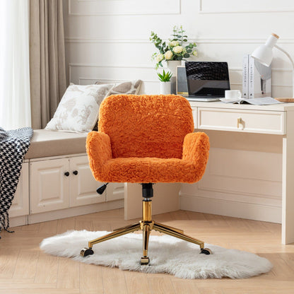 Office Chair, Artificial Rabbit Hair Home Office Chair With Golden Metal Base, Adjustable Desk Chair Swivel Office Chair, Vanity Chair - Orange