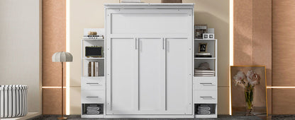 Queen Size Murphy Wall Bed With Shelves, Drawers And LED Lights - White