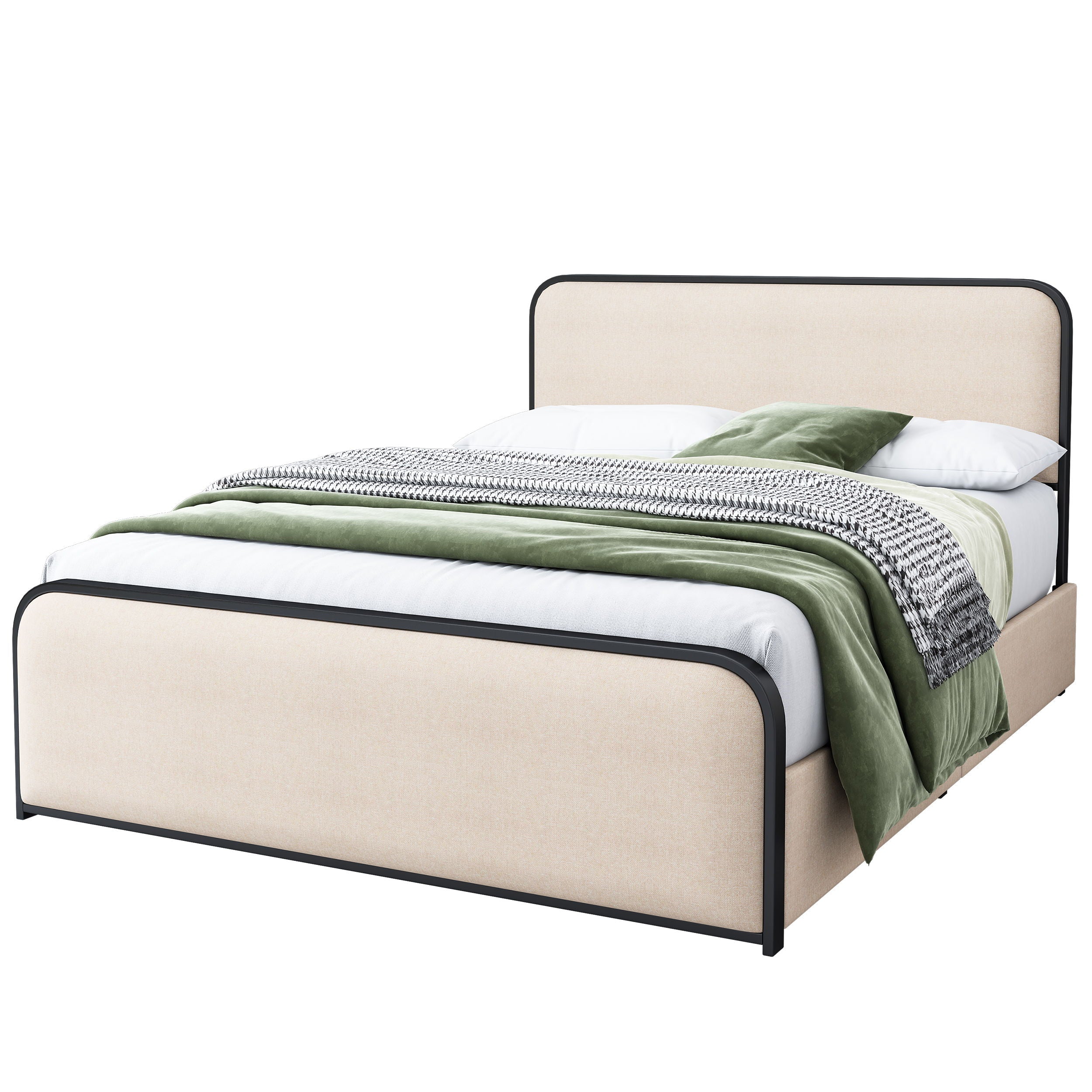 Modern Metal Bed Frame With Curved Upholstered Headboard And Footboard Bed With 4 Storage Drawers, Heavy Duty Metal Slats, King Size - Beige
