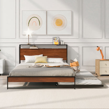 Queen Size Platform Bed Frame With Trundle, USB Ports And Slat Support, No Box Spring Needed - Black