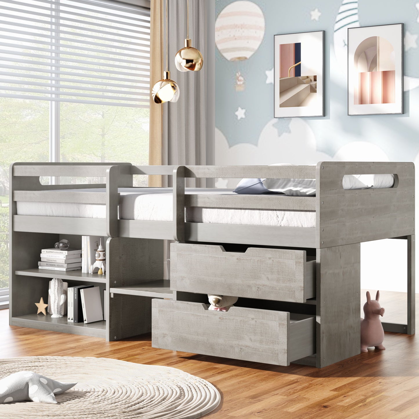 Twin Size Loft Bed With Two Shelves And Two Drawers - Antique Gray