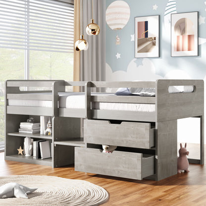 Twin Size Loft Bed With Two Shelves And Two Drawers - Antique Gray