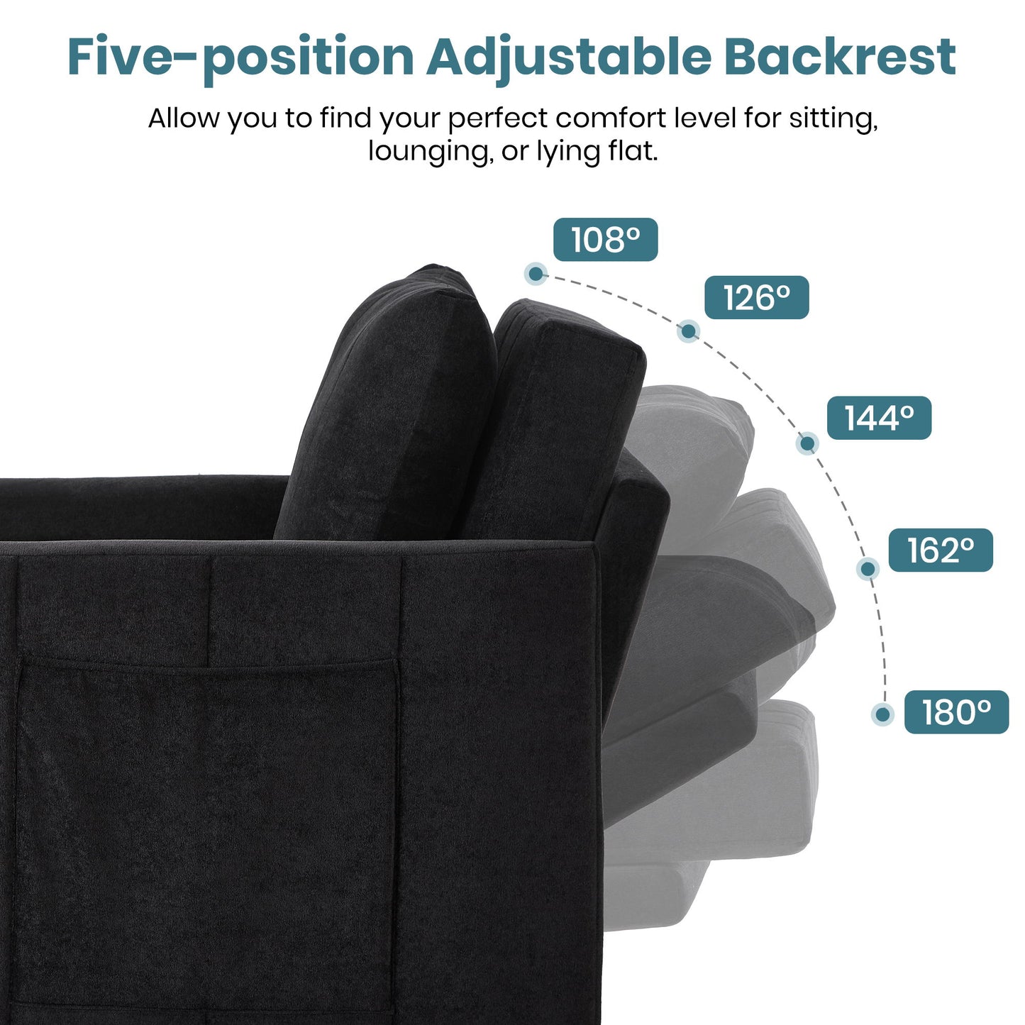 Upholstered Convertible Sleeper Sofa With 5 Position Backrest, Side Pockets, Storage - Black