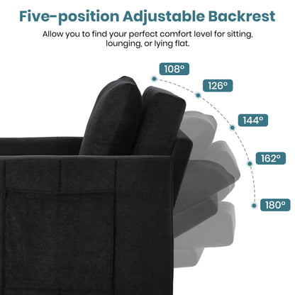 Upholstered Convertible Sleeper Sofa With 5 Position Backrest, Side Pockets, Storage - Black