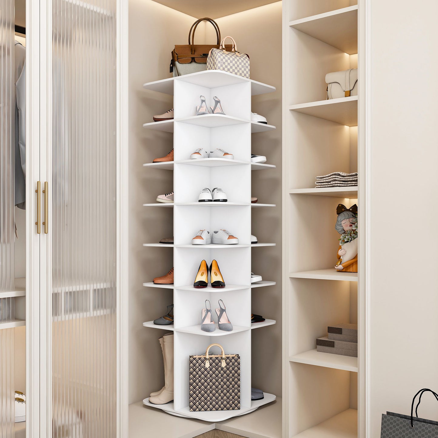 7 Tier Square Rotating Shoe Rack Tower With 360ÔøΩÔøΩ Spinning Organizer - White