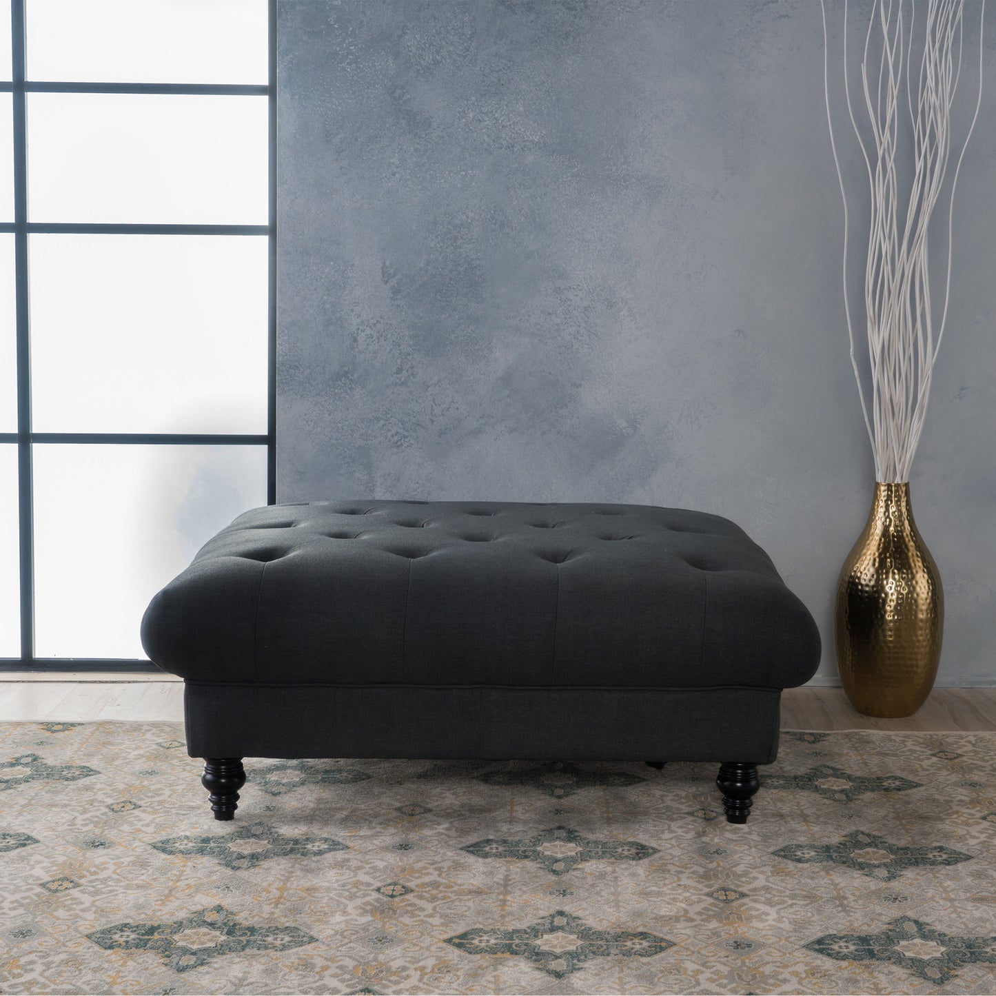 Madrid - Tufted Ottoman With Button Tufting And Turned Feet - Dark Gray