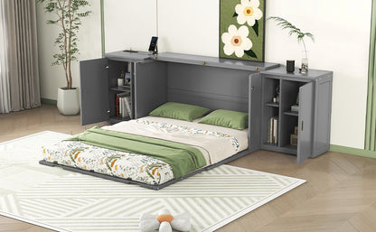 Queen Size Murphy Bed With Shelves, Cabinets And USB Ports - Gray