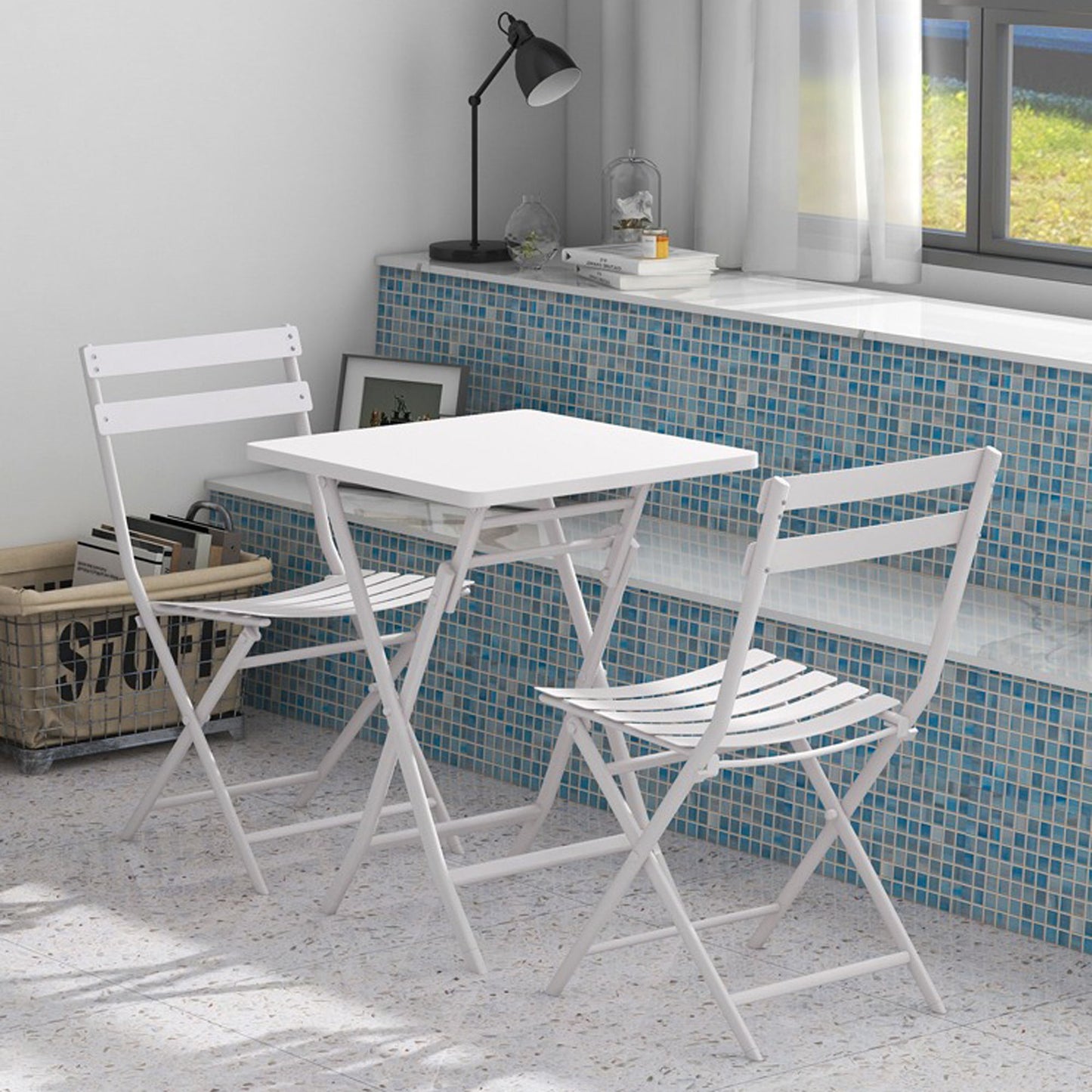 3 Piece Patio Bistro Set Of Foldable Square Table And Chairs - White