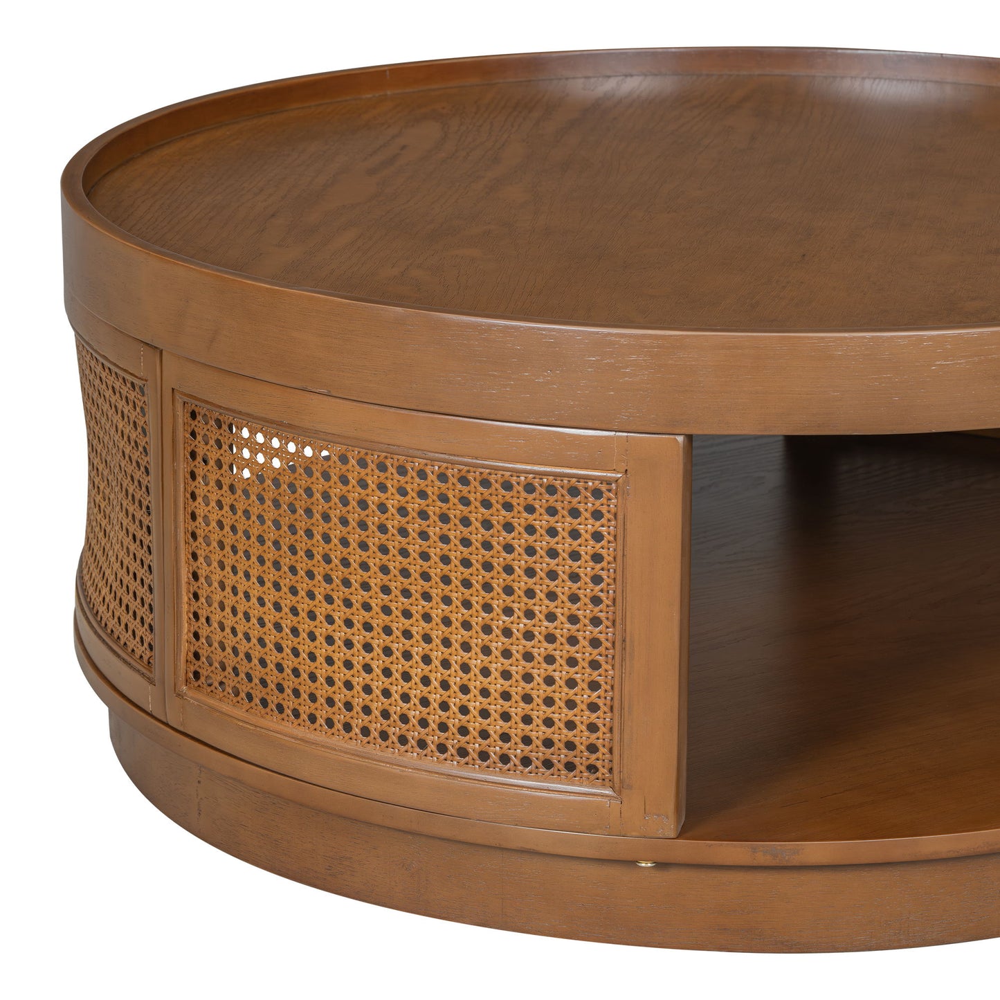 Wooden Mid-Century Modern Coffee Table, Round Cane Coffee Table With Side For Living Room - Brown