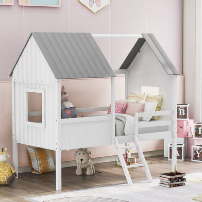 Twin Size Low Loft House Bed With Two Side Windows - White / Gray