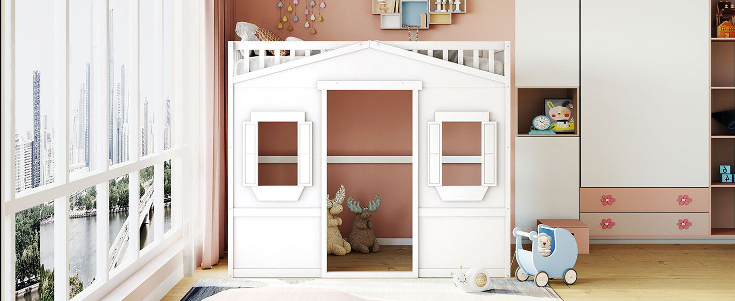 Full Size House Loft Bed With Ladder - White