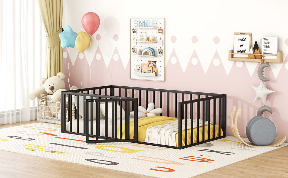 Twin Size Floor Bed Frame With Fence And Door - Black