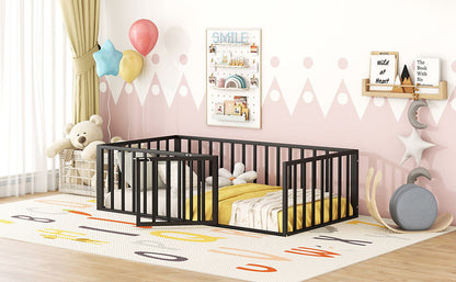 Twin Size Floor Bed Frame With Fence And Door - Black