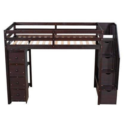 Twin Size Loft Bed With Storage Drawers And Stairs With Shelves - Espresso