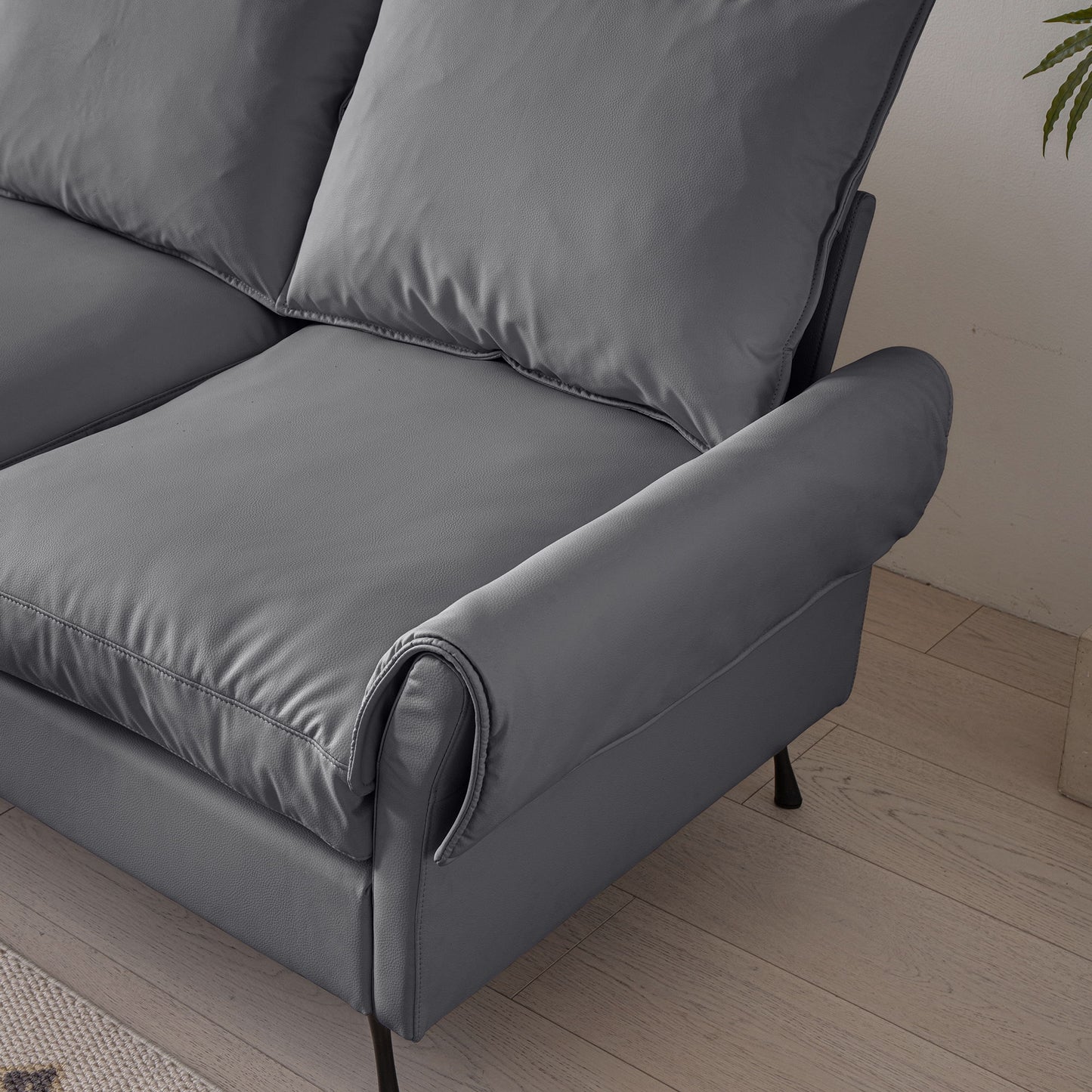 Modern Sectional Technical Leather L-Shaped Sofa Couch With Convertible Ottoman - Dark Gray