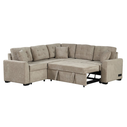 L-Shape Sofa Bed Pull-Out Sleeper Sofa With Wheels, USB Ports, Power Sockets For Living Room - Khaki