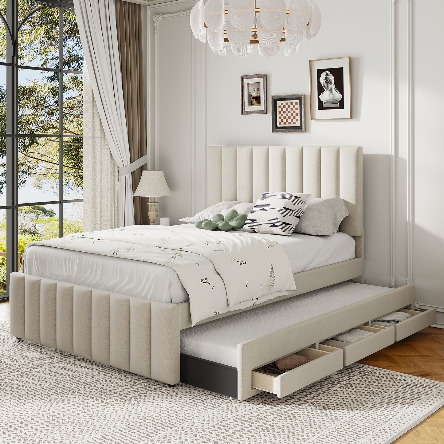 Full Size Upholstered Platform Bed With Twin Size Trundle And 3 Drawers - Beige