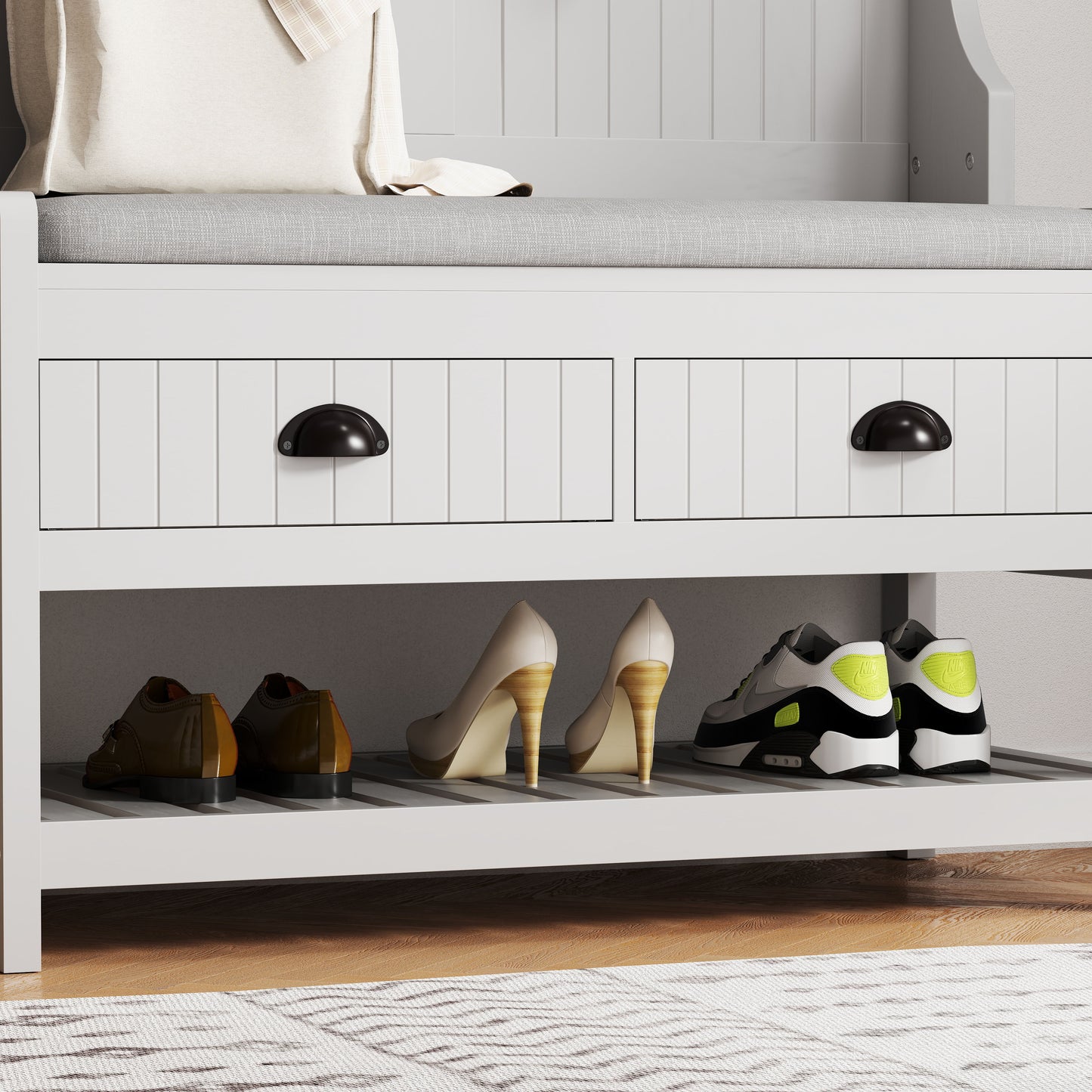 Modern 3 In 1 Hallway Hall Tree With Storage Drawers, Coat Rack, Shoe Rack Bench, And Cushion - Gray