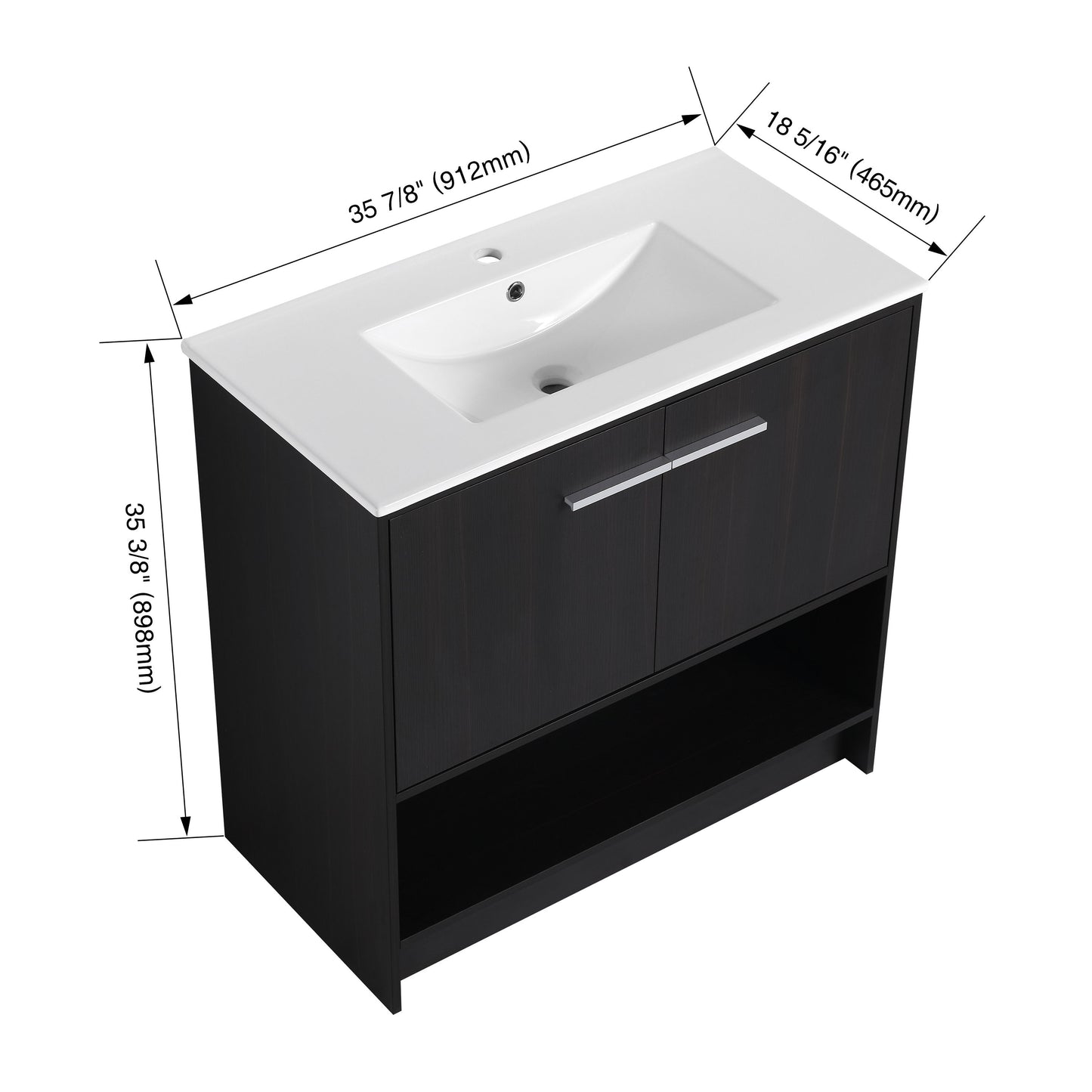 Modern 36" Bathroom Vanity With Ceramic Sink And Soft Closing Doors - Dark Oak