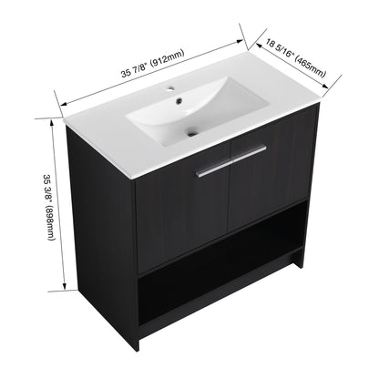 Modern 36" Bathroom Vanity With Ceramic Sink And Soft Closing Doors - Dark Oak