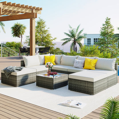 8 Pieces Outdoor Patio Furniture Sets, Garden Conversation Wicker Sofa Set, Single Sofa Combinable - Beiges / Gray